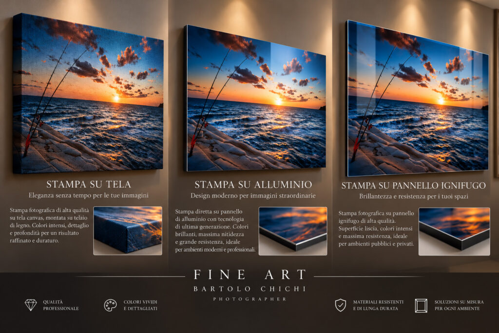 Stampe fotografiche Fine Art di paesaggi marini siciliani al tramonto, su tela, alluminio e pannello ignifugo, di Bartolo Chichi.